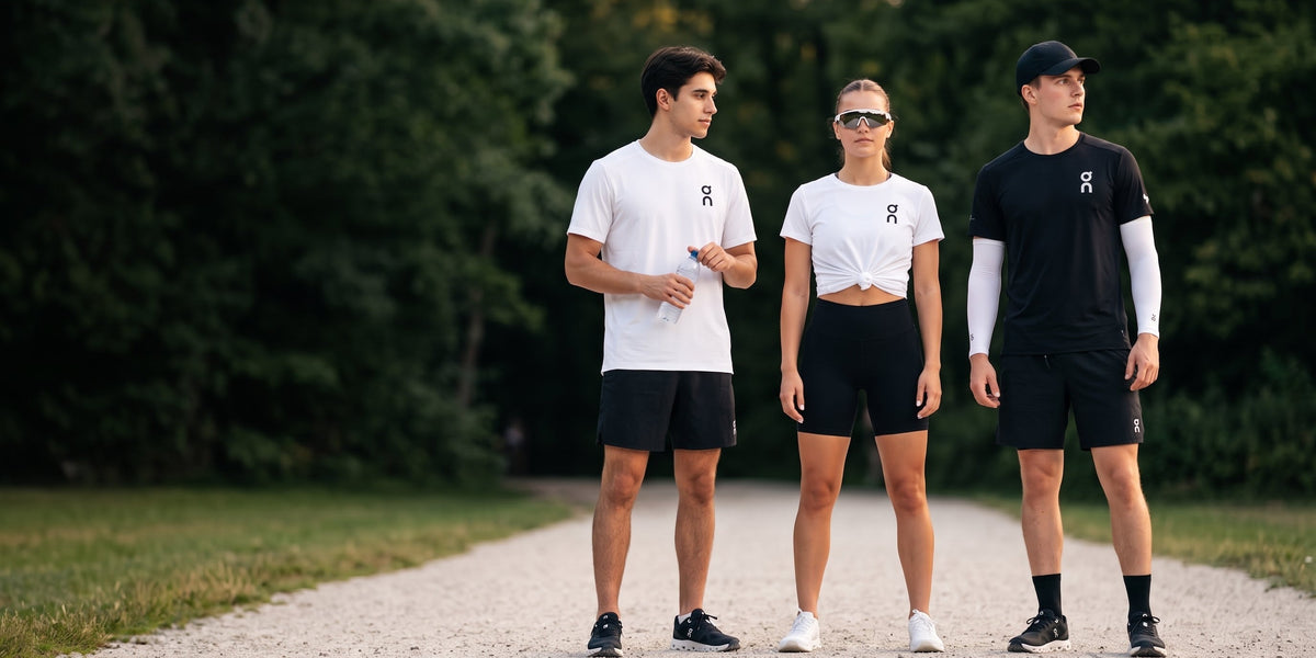 Three athletes wearing ONIXY footwear on a park path