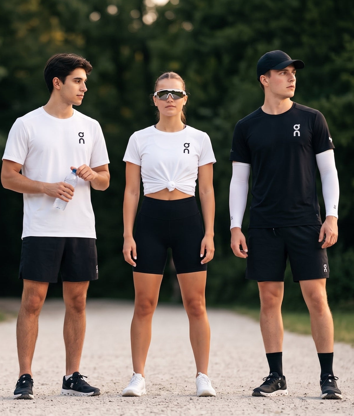Three athletes wearing ONIXY footwear on a park path